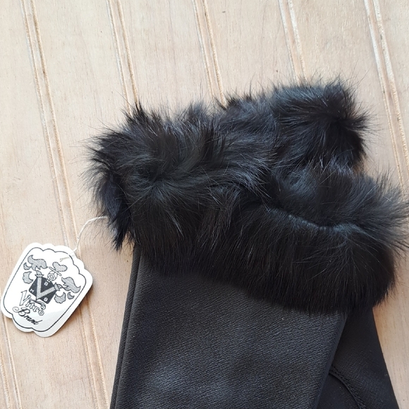 Vitro Genuine Rabbit Fur Cuff Black Leather Gloves Luxury Classic Stretchable - Picture 3 of 11